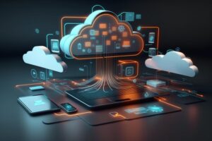 AI generated image of a computer server as the hub connecting other devices and networks over the cloud