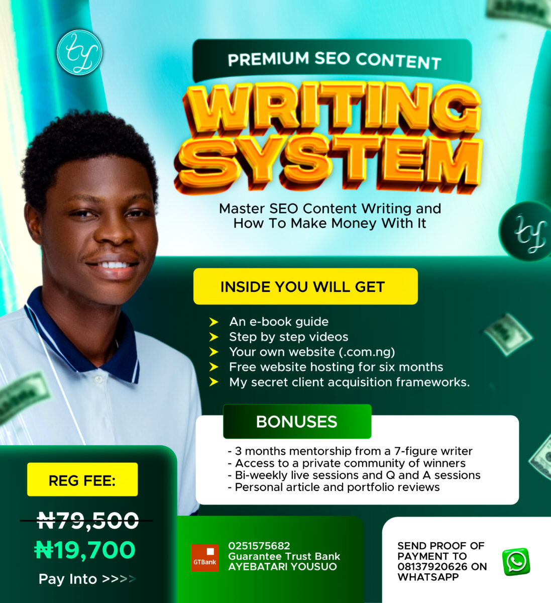 premium writing system flier showing portrait of Tari Yousuo and course bundle