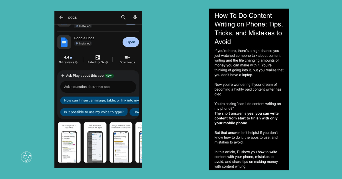 Screenshots showing Google Docs in PlayStore and the Google Docs Interface