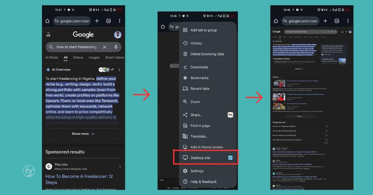 Screenshots showing difference between desktop and mobile mode